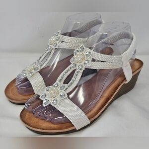 Shibever Womens Wedge Sandals Flower White Low Heel Dressy Sandals US 7 EUR 38
